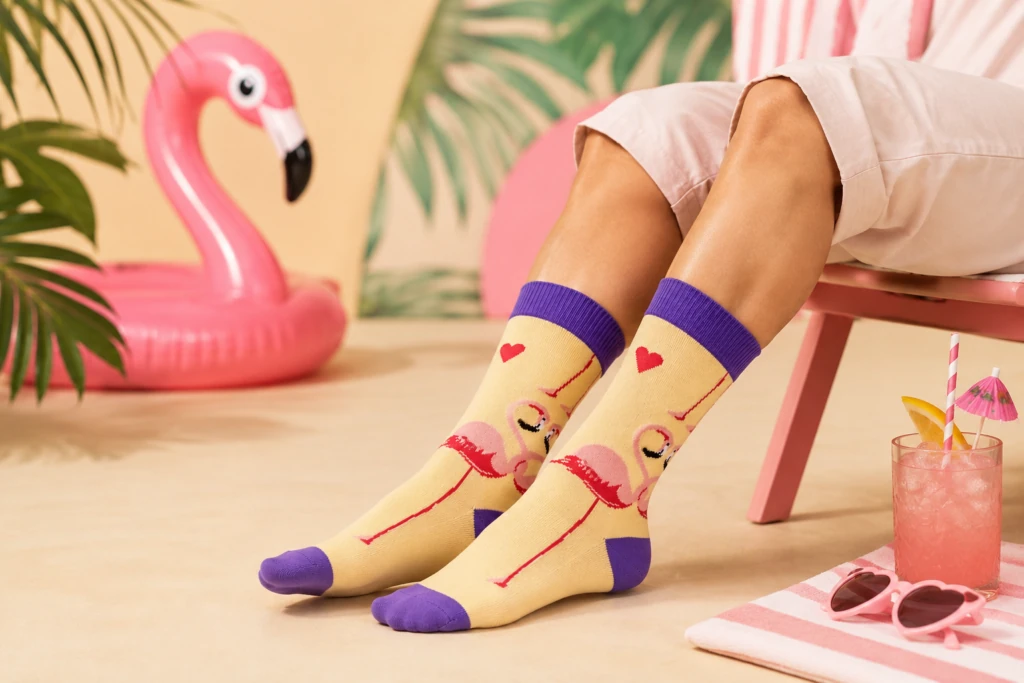 Yellow socks with flamingos and hearts beside an inflatable flamingo