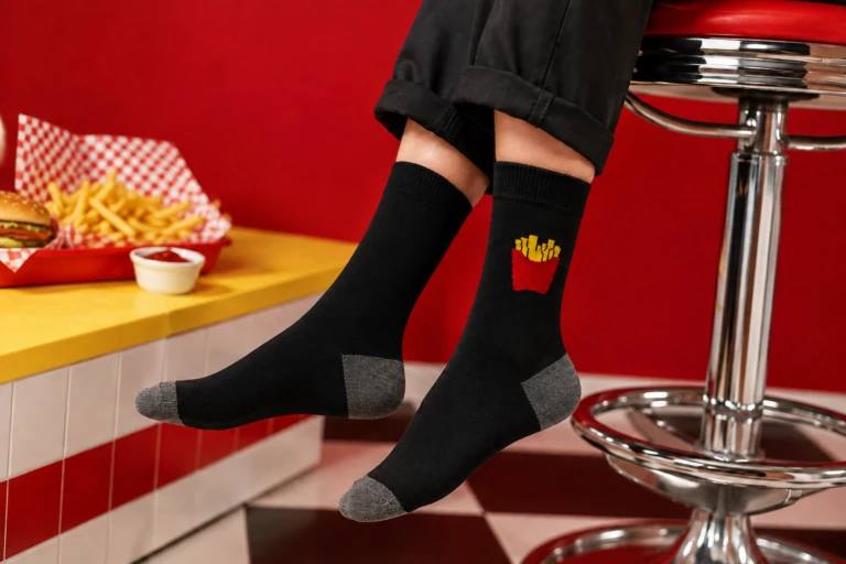 Black socks with red chip packets on their sides in a retro diner