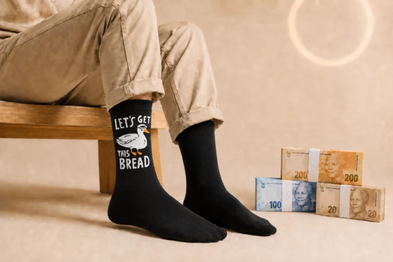 A black sock that says Let's get this bread, next to stacks of rand notes