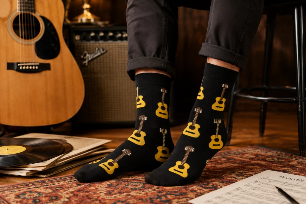 Black socks patterned with yellow guitars on a rug beside a guitar and vinyl records