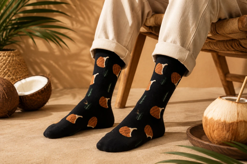 Black socks with steaks beside coconuts on a tropical set