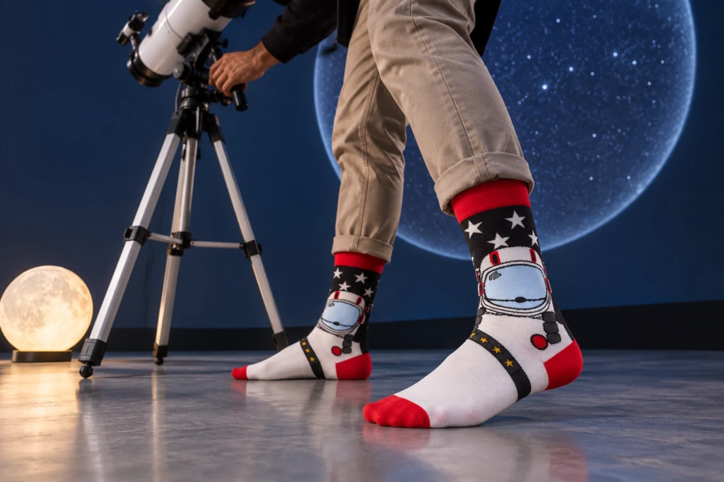 Astronaut socks in front of a telescope and a glowing moon